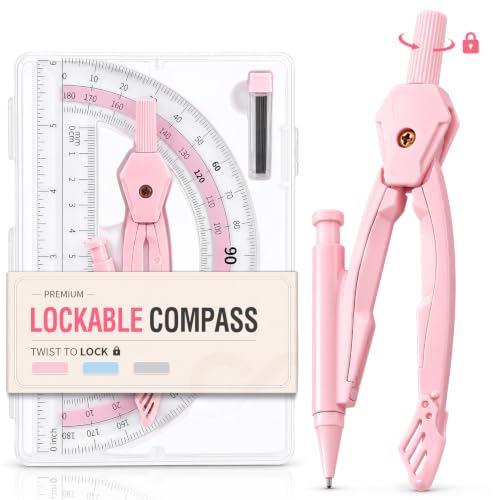 Sooez Lockable Metal Compass and Protractor Set, Compass Drawing Tool - color: Pink
