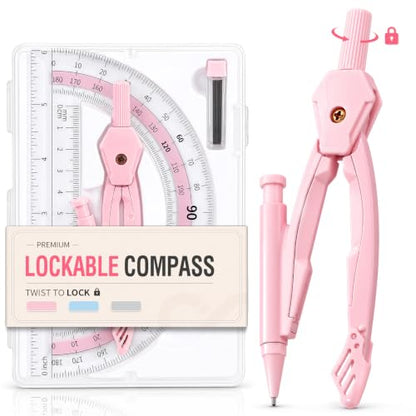 Sooez Lockable Metal Compass and Protractor Set, Compass Drawing Tool - color: Pink