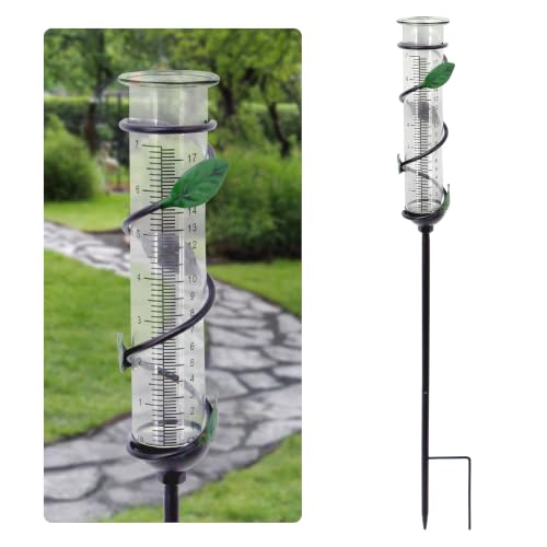 27in Leaf Rain Gauge Metal Garden Stake Green Outdoor Decor - color: Green Leaves