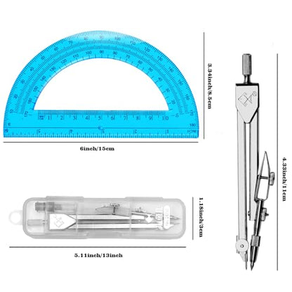 Students Geometry Math Set, Drawing Compass and 6 Inch Protractor - color: Blue