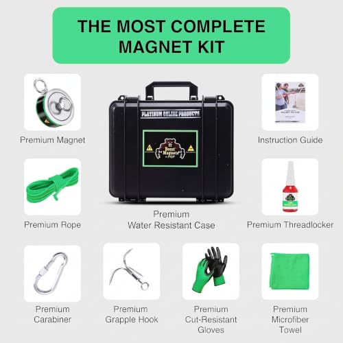 2000LB’s Complete Magnet Fishing Kit | Double Sided Fishing Magnet Kit with Case | Includes Strong Neodymium N52 Magnets, Durable 65ft Rope, Carabiner, Gloves, Grappling Hook & Carry Case - size: 2000 LB Double Sided Magnet Kit