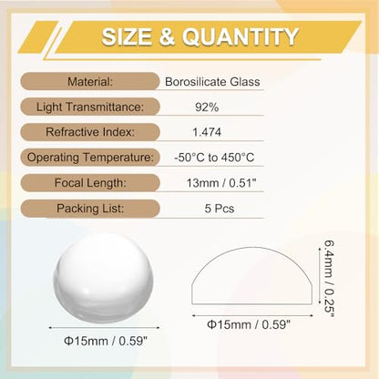 PATIKIL 5 Pack Convex Lens, 15mm OD 13mm Focal Length Optical Lenses - size: 15mm OD x 6.4mm H x 13mm Focal L