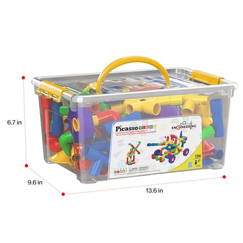 PicassoTiles PTT136 136pcs Tubular Pipes & Spout STEAM Interlocking Educational Building Block Set, Tube Locks, Pipeworks Construction Blocks w/Storage Container Box, Idea Book, Flute Musical Kit - color: 136pcs Tubular Pipes & Spout
