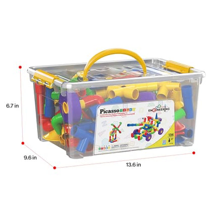 PicassoTiles PTT136 136pcs Tubular Pipes & Spout STEAM Interlocking Educational Building Block Set, Tube Locks, Pipeworks Construction Blocks w/Storage Container Box, Idea Book, Flute Musical Kit - color: 136pcs Tubular Pipes & Spout