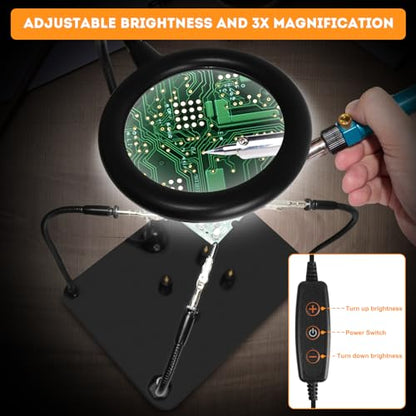 XYK Magnetic Helping Hands Soldering Station with 3X Magnifying Glass and Light, 4 Flexible Helping Arms and Third Hand Tool for Electronic Repair, Jewelry Crafts - size: Large