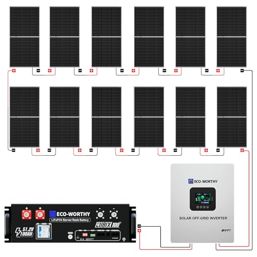 ECO-WORTHY 5KW Off Grid Solar System Complete Kit 12PCS 195W Mono Solar Panel (2340W) +1 * 48V 5KW Off-Grid Inverter + 1 * 51.2V 100Ah Server Rack Whole House Storage LiFePO4 Lithium Battery - size: PRO 5kWh+5kW Output