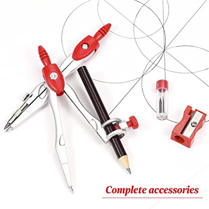 Unjoo Math Geometry Set 10 Pcs, Compass and Protractor for Students (Red - color: Red1
