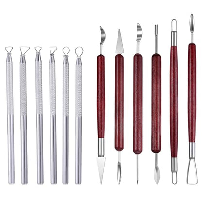 12 PCS Clay Carving Tools, Double-Sided Clay Sculpting Tools Wooden Handle Clays Wire Loop Sculpture Set Clays Pottery Sculpting Tool Set for Ceramic, Carving Modeling - color: Silver + Red