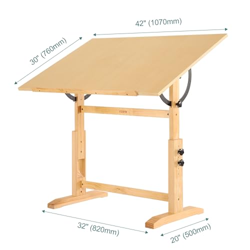 VISWIN Wood Drafting Table for Adults, 30" X 42" Extra-Large Drawing Table with Adjustable Height & Angle for Art Studio, Solid Pine Wood Artist Desk for Drawing, Drafting, Writing, Reading - color: Natural