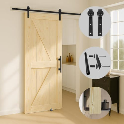 S&Z TOPHAND® 34in x 84in Unfinished British Brace Knotty Barn Door with Sliding Hardware Kit/Solid Wood/Sliding Door/Double Surfaces/A Simple Assembly is Required - size: 34x84in