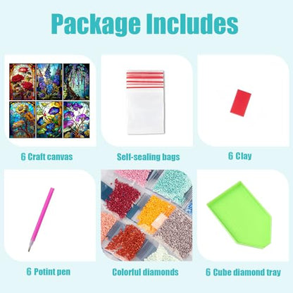 6 Pack Diamond Painting Kits for Adult Flower Diamond Art Kits for Adults - color: 6 pcs glass flower set