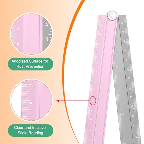 HARFINGTON Folding Straight Ruler 30cm Metric Aluminum Alloy Protractor Foldable Angle Ruler Geometric Measuring Tool with Angle Line for Architects Artists Office, Pink Silver Tone - color: Pink/Silver Tone