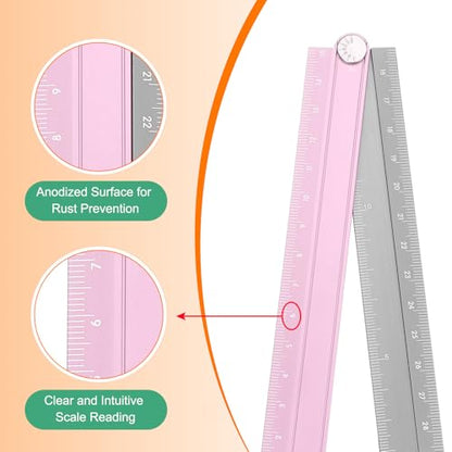 HARFINGTON Folding Straight Ruler 30cm Metric Aluminum Alloy Protractor Foldable Angle Ruler Geometric Measuring Tool with Angle Line for Architects Artists Office, Pink Silver Tone - color: Pink/Silver Tone