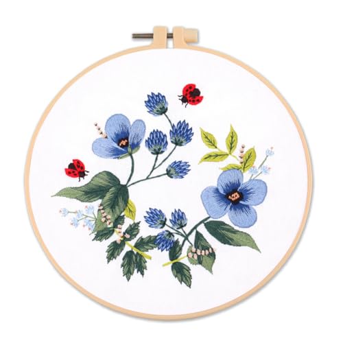 Awesocrafts Embroidery Kit, Flowers Ladybug Full Range of Embroidery Starter Kits for Beginners Adults Kids DIY Cross Stitch Handmade Easy Patterns (Flowers)