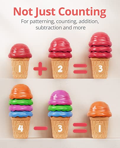 JoyCat Ice Cream Preschool Learning Activities Counting and Color Sorting Set Stacking Toys for Kids 3-5, Educational Fine Motor Skills Toys, 65PCS Math Manipulatives - style: White Learning Bucket Set(55 ice cream scoops&10 ice cream cones )
