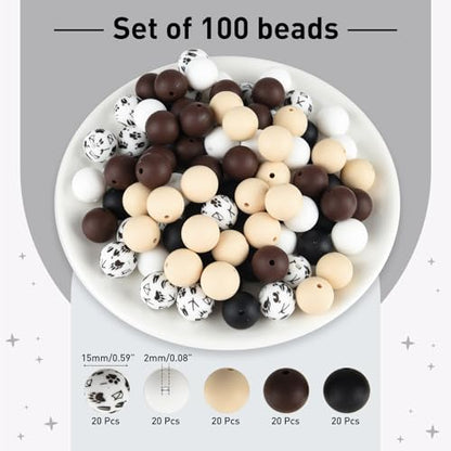ASTARON 100 Pcs 15mm White Black Brown Silicone Beads for Keychain Making - color: Black Brown Series