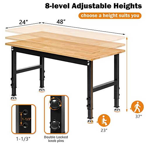 Betterhood 48" Heavy-Duty Adjustable Workbench for Garage, Rubber Wood Shop Table W/Rubber Pads, Hardwood Workstation Weight Capacity Over 2000 Lbs - size: Rubber Pad / 48"x23.6"x37"