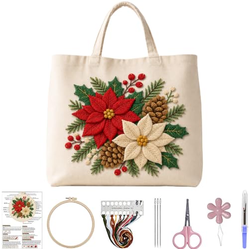 ARTopet Embroidery Tote Bag Kit for Beginners Christmas Canvas Cross Stitch Handbag with Hoops Needles Threads Reusable Grocery Bag for Women-Poinsettia - color: Poinsettia