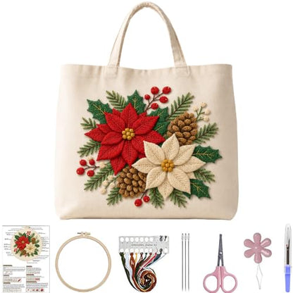 ARTopet Embroidery Tote Bag Kit for Beginners Christmas Canvas Cross Stitch Handbag with Hoops Needles Threads Reusable Grocery Bag for Women-Poinsettia - color: Poinsettia