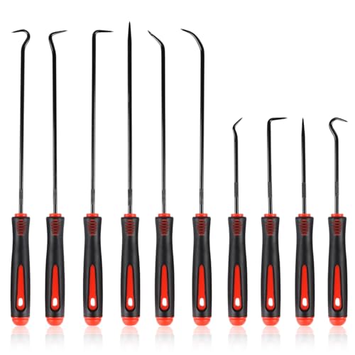Rindion 10PCS Pick Set Mechanic, Hook and Pick Tool Set with Non-Slip Grip, Long & Mini Automotive Pick Set for O-Ring, Seal & Gasket Removal, Car Repair, Mechanical and DIY Use(Red)