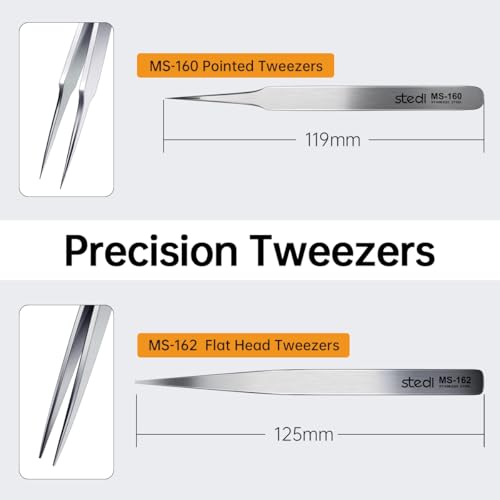 stedi 2PCS Precision Thickened Tweezer Set, Model Hobbyist Tools, Ultra Precision Premium Stainless Steel Tweezers for Gundam, Scale Military Models, 3D Resin Parts, Industrial Tweezers - style: Pointed & Flat Tweezers
