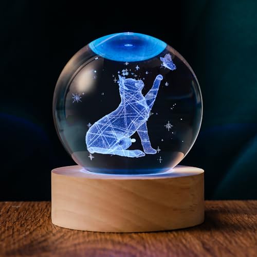 60mm 3D Crystal Ball Cat Lover Gifts for Women Cat Themed Sympathy Figurines Decor Gifts with Wooden Light Base - style: 3D Cat