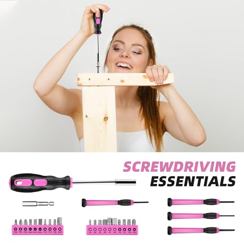 URASISTO 40-Piece Home Tool Kit with Easy Carrying Box, Small Basic Hand Tool Set Perfect for DIY Building, Home Maintenance and Woodworking, Great for College Students - PINK - color: Pink