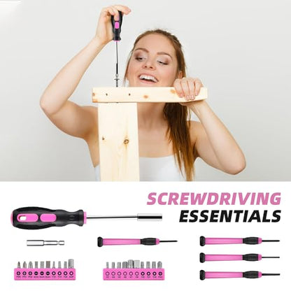 URASISTO 40-Piece Home Tool Kit with Easy Carrying Box, Small Basic Hand Tool Set Perfect for DIY Building, Home Maintenance and Woodworking, Great for College Students - PINK - color: Pink