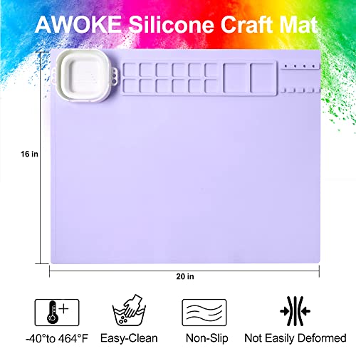 AWOKE Silicone Painting Mat - 20"X16" Silicone Art Mat with 1 Water Cup for Kids - Craft Mat has12 Color Dividers - 2 Paint Dividers (Purple) - color: Lavender