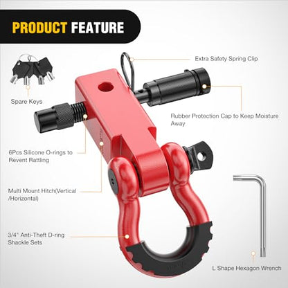 Nilight 3/4" Anti-Theft D Ring Shackle Hitch Receiver 2" Solid Towing Kit | 45000 LBs Breaking Strength 5/8" Trailer Hitch Lock Pin Heavy Duty Solid Towing Kit for Trucks Off Road Red - color: Hitch w/ Lock Pin Red