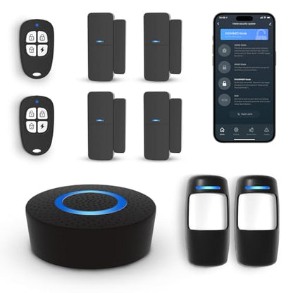 Wireless Home Alarm System 9-Piece Kit, WiFi Alarm System for Home Security with Phone APP Alert (Black Alarm Siren, Remote, Motion, and Door Sensors) for Home, Apartment, Work with Alexa
