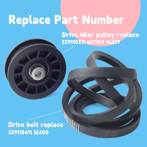 539110311 & 539110411 Drive Idler Pulley and Belt Kit Replacement for Husqvarna Z254F Lawn Mower, Replace 607163 14259 12400