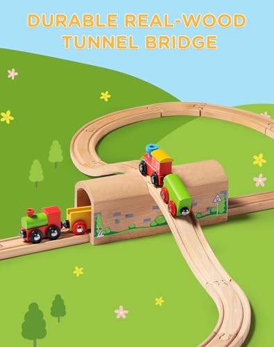 SainSmart Jr. Wooden Train Track Accessories Bridge Tunnel, Wooden Train Track Bridge Compatible with Thomas, Brio, Chuggington, Melissa and Doug, Made of Sturdy Hardwood for Long-Term Play - style: Bridge Tunnel