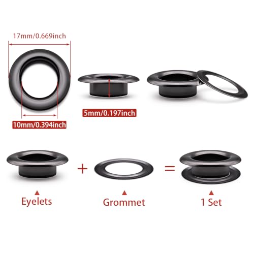 SEMINI 100 Sets 10mm Gunmetal Grommet Eyelet Kit for Fabric Leather Crafts - color: Gunmetal,10mm,100Set