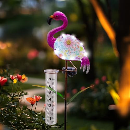 42" Flamingo Rain Gauge Outdoor, Solar Rain Gauges with White LED Lights - color: Pink - Flamingo