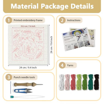 Doodlream Cat Leaf DIY Punch Needle Embroidery Kit for Adult Beginner, 9.4" White Cat Punch Stitching Craft Set for Starter with Frame, Fabric Pattern, Threader, Yarn, Pinch Needle - color: Cat Leaf