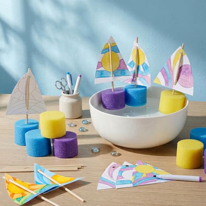 Soulchen 36 Pcs DIY Boat Craft Kit Coloring Paper Craft Kit DIY Paper Sailboat Crafts Set with Foam Noodles Dowels for Summer Activities Camp Birthday Carnival Party Gifts