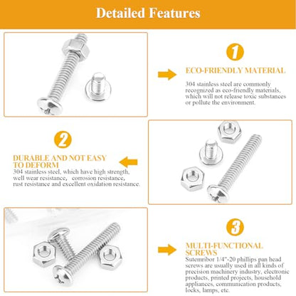 57 Pieces 1/4-20 x 1/2", 3/4", 1", 1-1/4", 1-1/2", Phillips Pan Head Machine Screws Nuts Assortment Kit - size: 1/4"-20, style: Phillips Pan Head