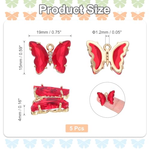 uxcell Crystal Gold Plated Butterfly Charm, Brass Zircon Charm Pendant - color: Red, size: 19x15mm