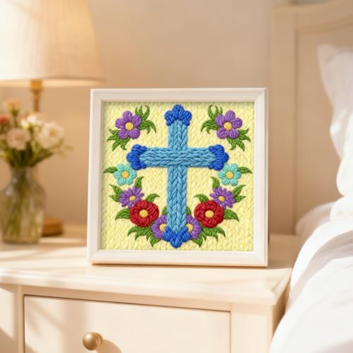 INFUNLY Cross Flowers Punch Needle Kits for Beginner Adult Floral DIY Punch Needle Embroidery Starter Kit for Wall Hanging Blue Cross Needlepoint Kit with Instruction for DIY Crafts Gift Home Decor - style: Cross Flowers