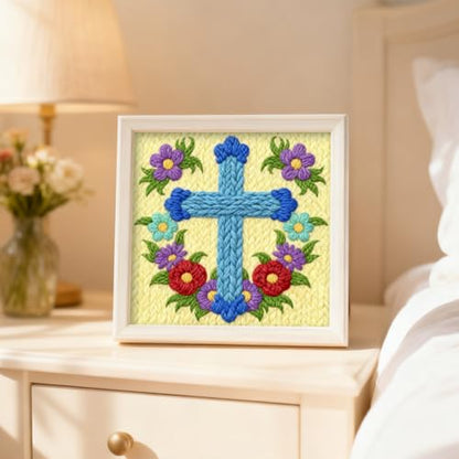 INFUNLY Cross Flowers Punch Needle Kits for Beginner Adult Floral DIY Punch Needle Embroidery Starter Kit for Wall Hanging Blue Cross Needlepoint Kit with Instruction for DIY Crafts Gift Home Decor - style: Cross Flowers