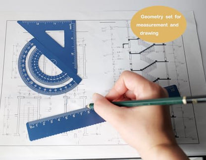 Metal Geometry Set, 5-Piece Aluminum Ruler, Math Drafting Ruler Kit Includes Protractor, Triangle Rulers, Straight Rulers-Math Measurement Tools for School and Office Supplies (Blue) - color: Blue