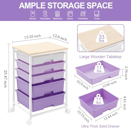 SYKIARIOL Utility Cart with 5 Drawers with Wooden Top,Purple - color: Purple