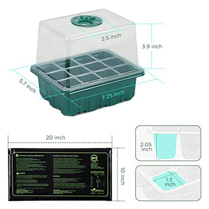 7-Pack Seed Starter Tray with Heat Mat (12 Cells per Tray), Plant Germination Trays with Adjustable Humidity Dome Seed Trays Seedling Starter with Base Trays for Germination - color: Green