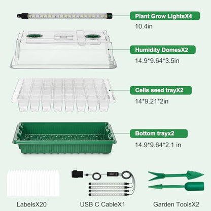 Seed Starter Tray with Timed Grow Light, 2 Pack 80 Cells Plant Starter Tray Seedling Starter Kit with Humidity Domes Base Indoor Mini Greenhouse Plant Germination Trays for Seeds Growing Starting - size: 40 Cells-2 PCS
