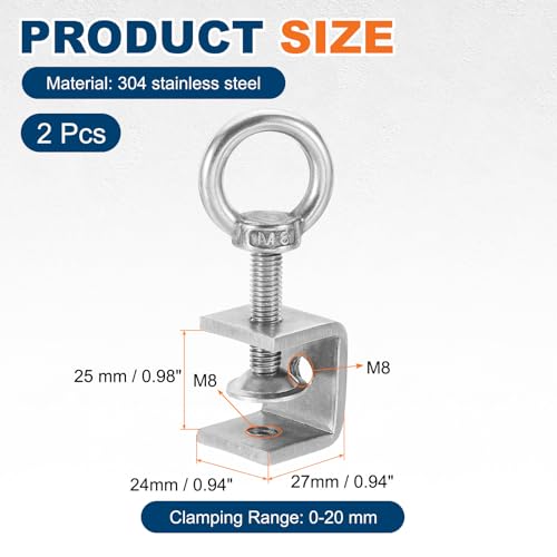 HARFINGTON 2 Pcs 304 Stainless Steel C Clamps 25mm Square Mini Tiger Clamp Adjustable Heavy Duty Metal U Clip with Eye Hook Screw for Woodworking Welding Mounting, Silver - size: 25mm