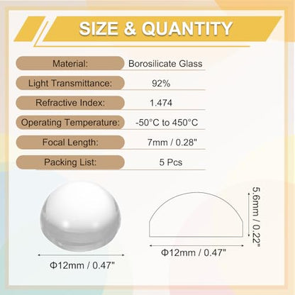 PATIKIL 5 Pack Convex Lens, 12mm OD 7mm Focal Length Optical Lenses - size: 12mm OD x 5.6mm H x 7mm Focal L