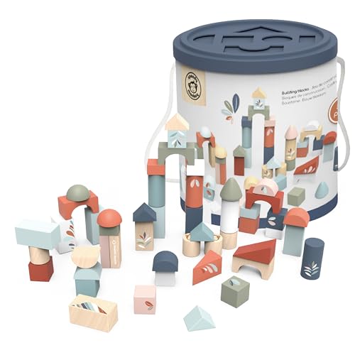 SPEEDY MONKEY Wooden Building Blocks | 50 Pcs with Storage Bucket Playset - color: Building Blocks