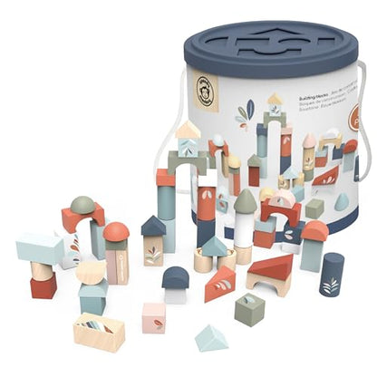 SPEEDY MONKEY Wooden Building Blocks | 50 Pcs with Storage Bucket Playset - color: Building Blocks