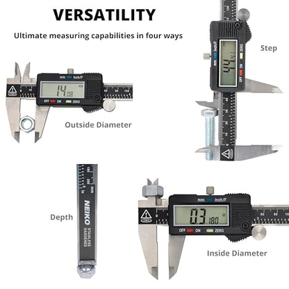 NEIKO 01407A Electronic Digital Caliper Measuring Tool, 0-6 Inches Stainless Steel Construction with Large LCD Screen Quick Change Button for Inch Fraction Millimeter Conversions, Digital Caliper - size: 6 Inch, style: Stainless Steel